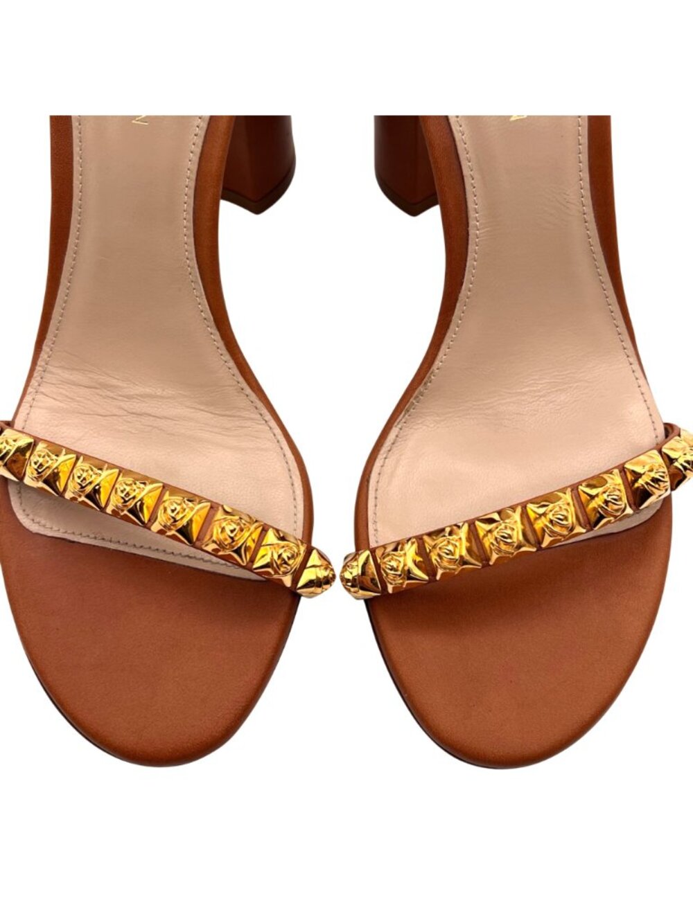 Stuart Weitzman Rosemarie Cognac Gold Stud Block Heels Ankle Strap 7.5B Spain - Picture 8 of 16